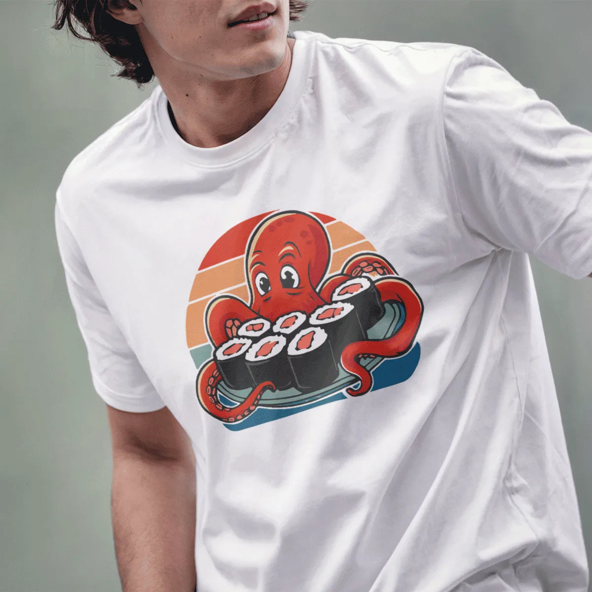 Male model in white t-shirt with octopus sushi, featuring sushi t-shirt and kawaii clothes.