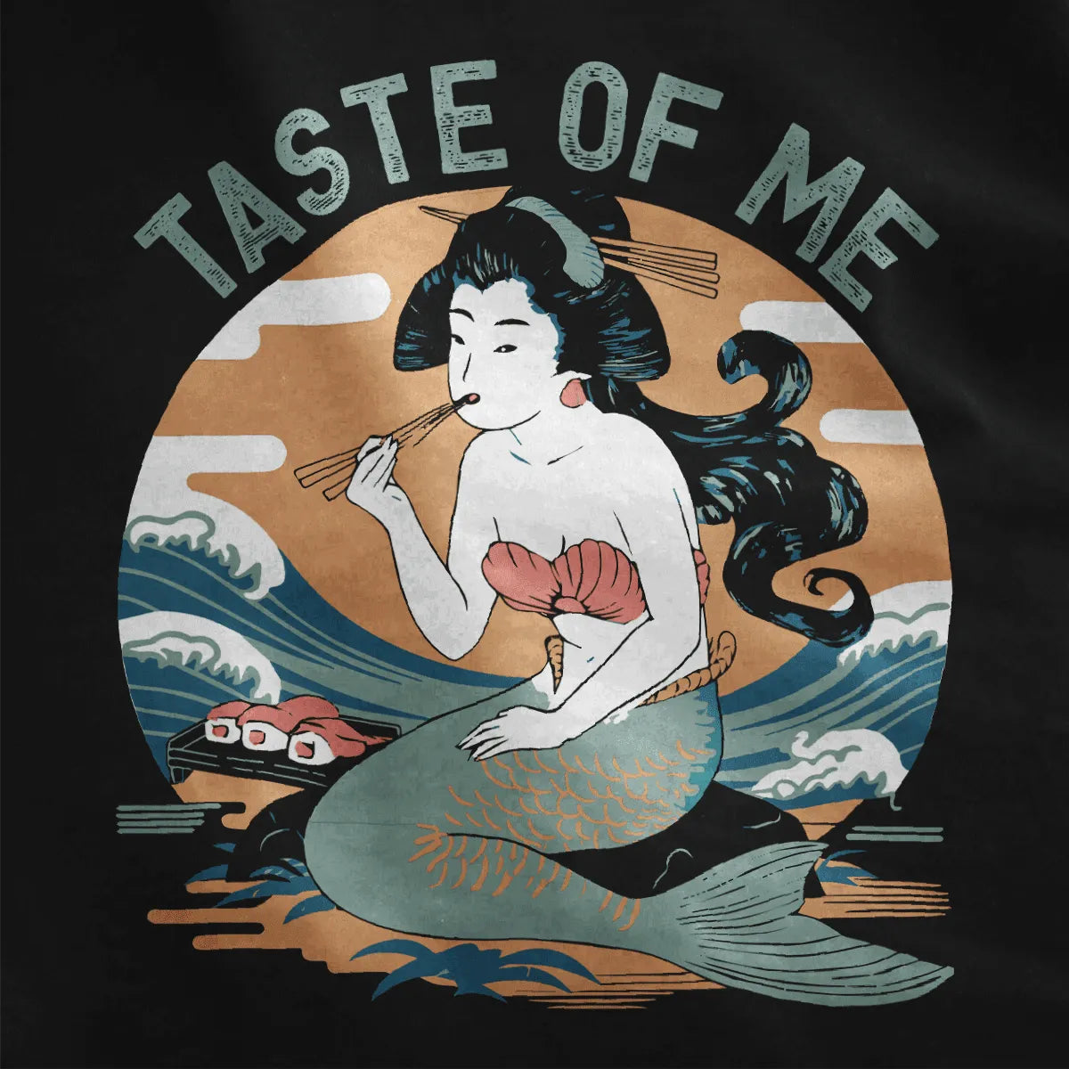 Close-up of mermaid sushi design on black fabric, highlighting cultural hybrid and aquatic aesthetic details.