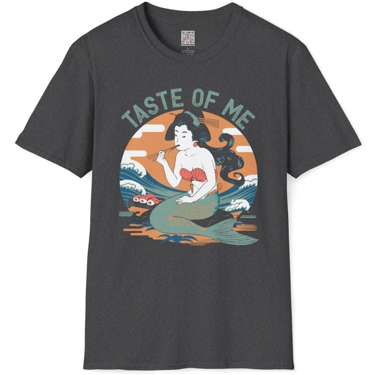 Dark heather t-shirt flatlay with mermaid sushi design, emphasizing blend of flavors and visual rhythm.