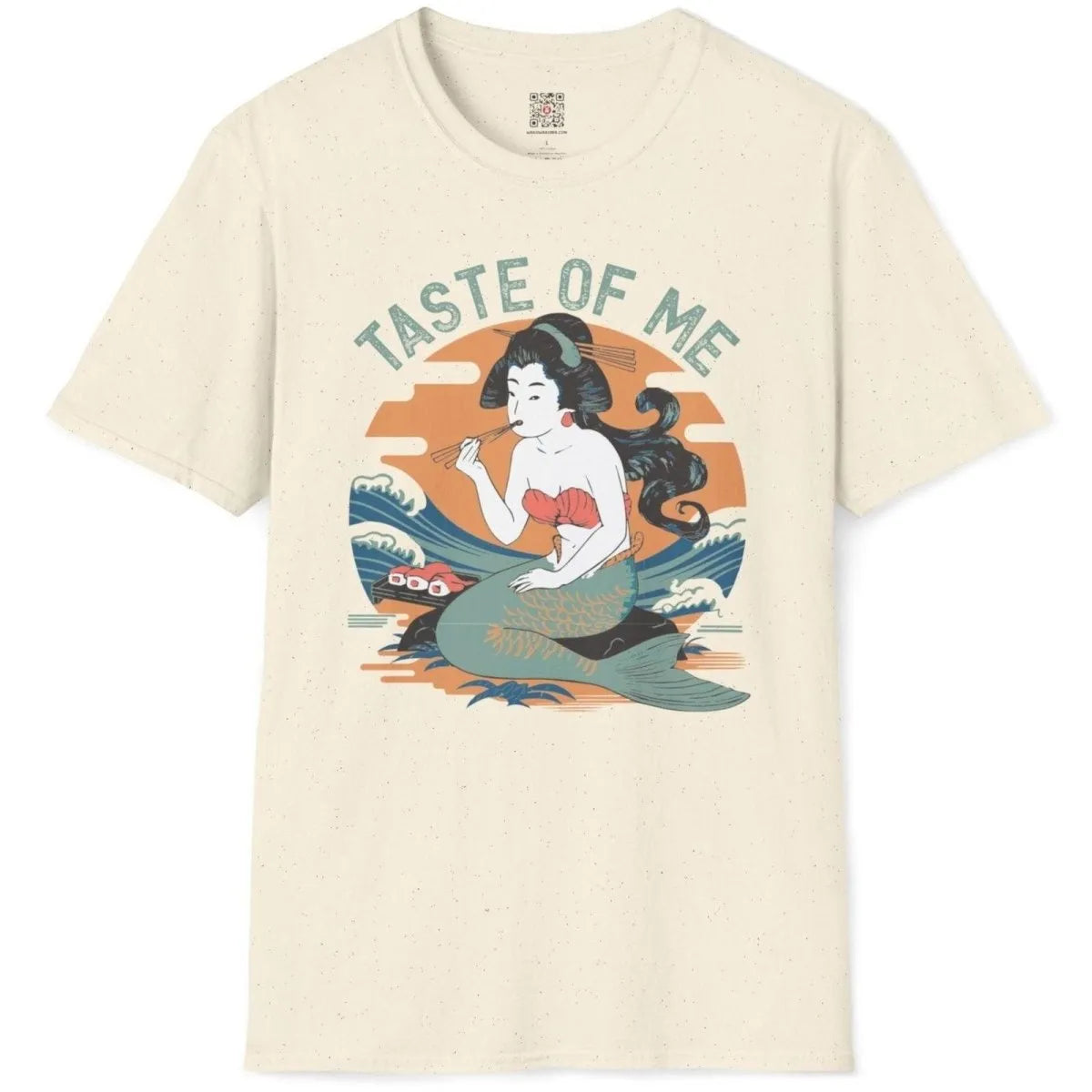 Natural t-shirt flatlay featuring mermaid with sushi, cultural identity and whimsical mythical cuisine.