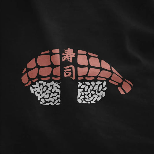 Modern sushi roll art in coral pink and white, kanji center, on black fabric. sushi t-shirt, kanji artistry