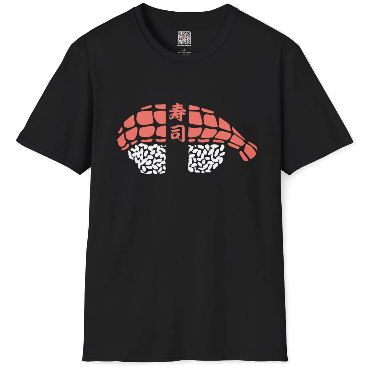 Flatlay of black t-shirt featuring coral pink sushi roll with kanji. sushi shirt, contrast in colors
