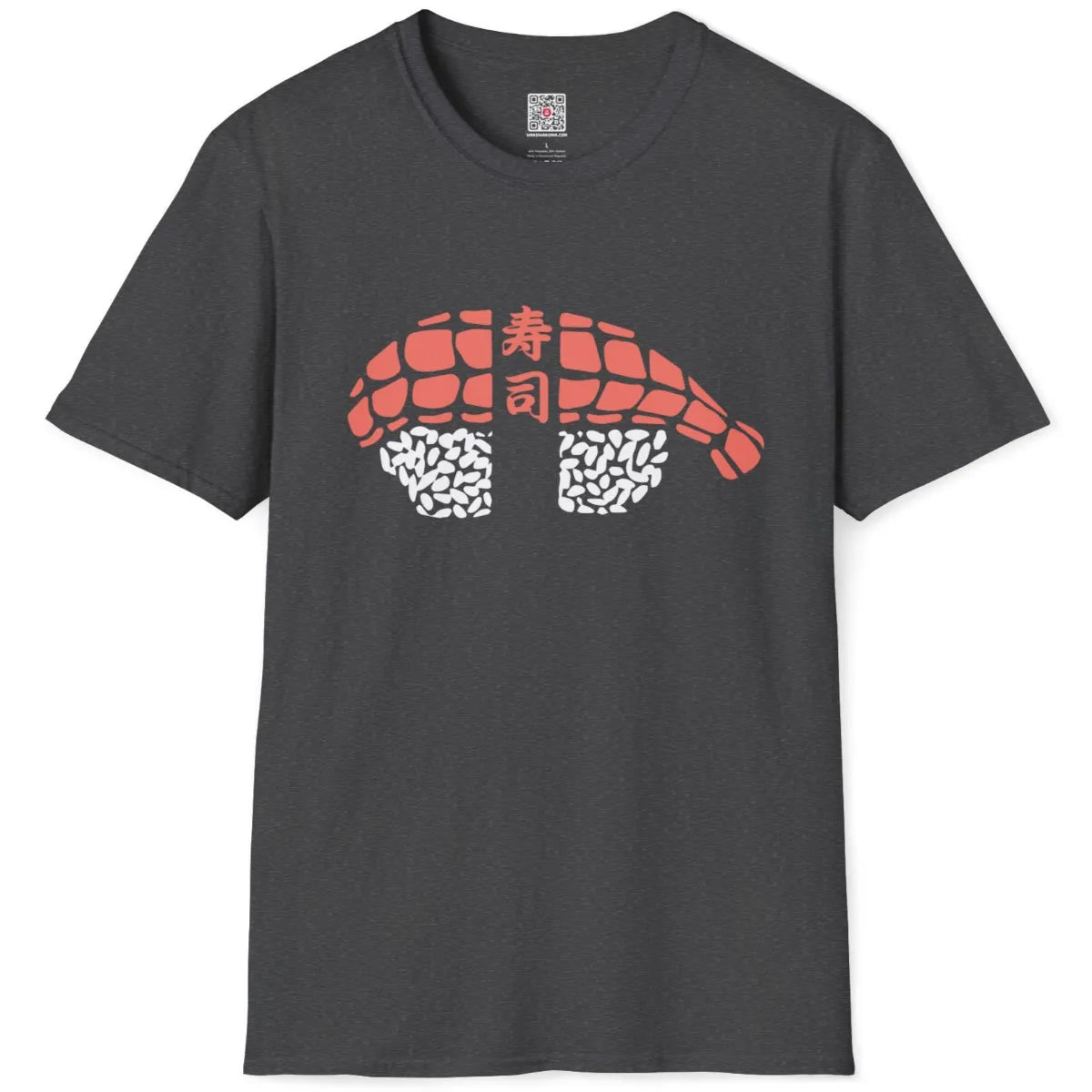 Dark heather t-shirt flatlay with modern sushi roll and kanji centerpiece. modern sushi, cultural symbolism