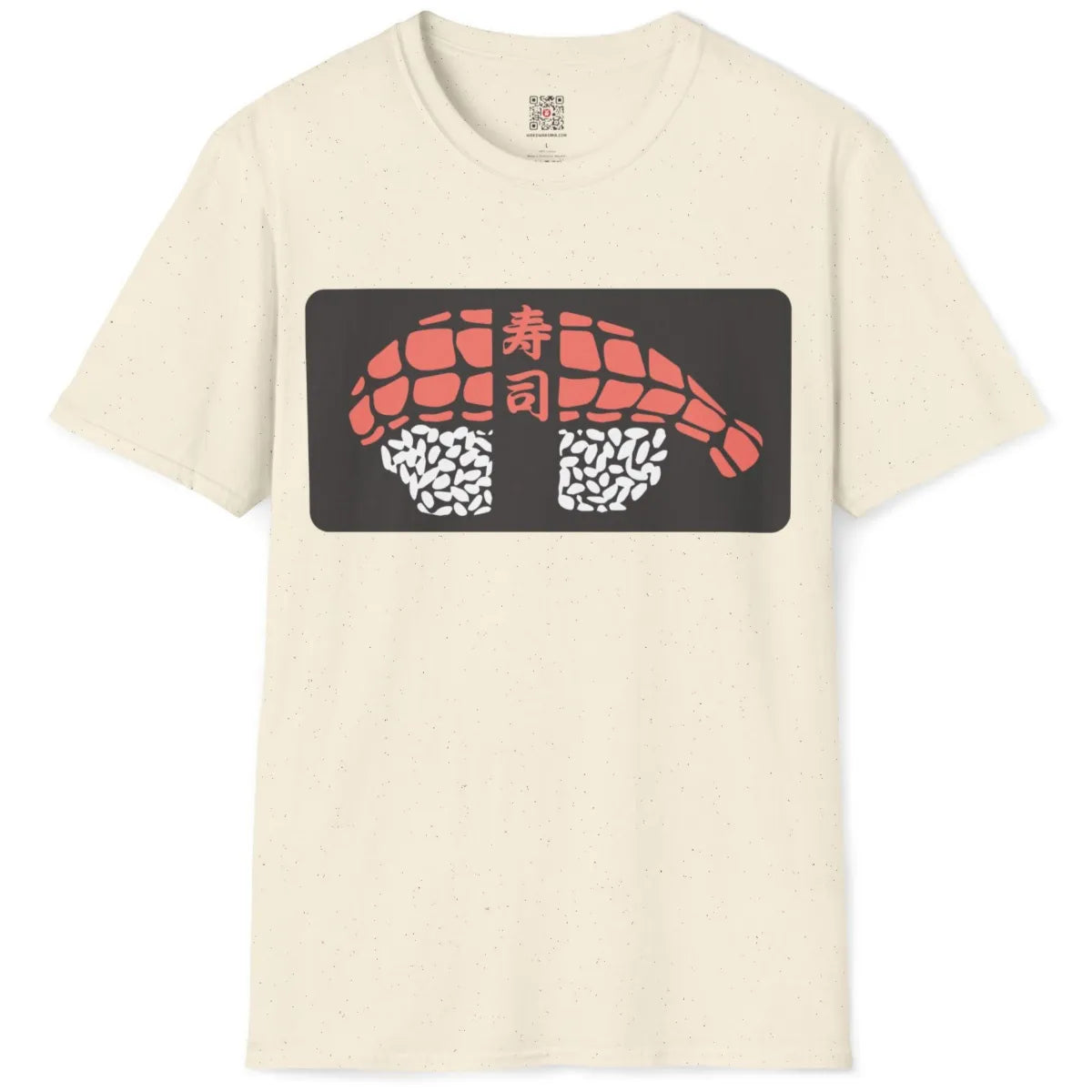 Natural t-shirt flatlay with detailed sushi roll design and kanji. sushi t-shirt, minimalist font