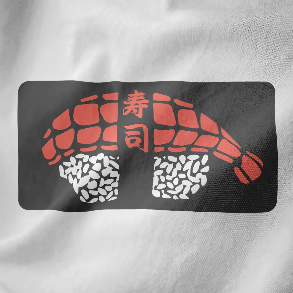 Minimalist sushi roll design with coral pink tuna, white rice, and kanji on white fabric. japanese t-shirts, sushi shirt