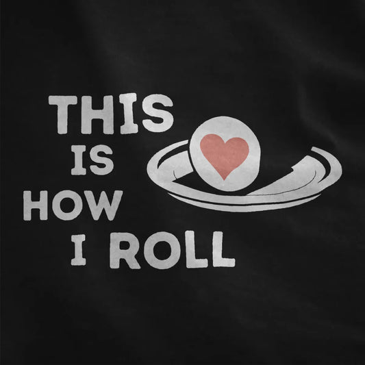 Black fabric with playful sushi roll and heart design, sushi t-shirt, humorous quote.