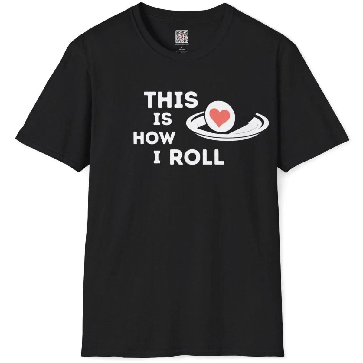 Sushi roll and heart design with bold text on black t-shirt flatlay, sushi shirt, culinary wordplay.