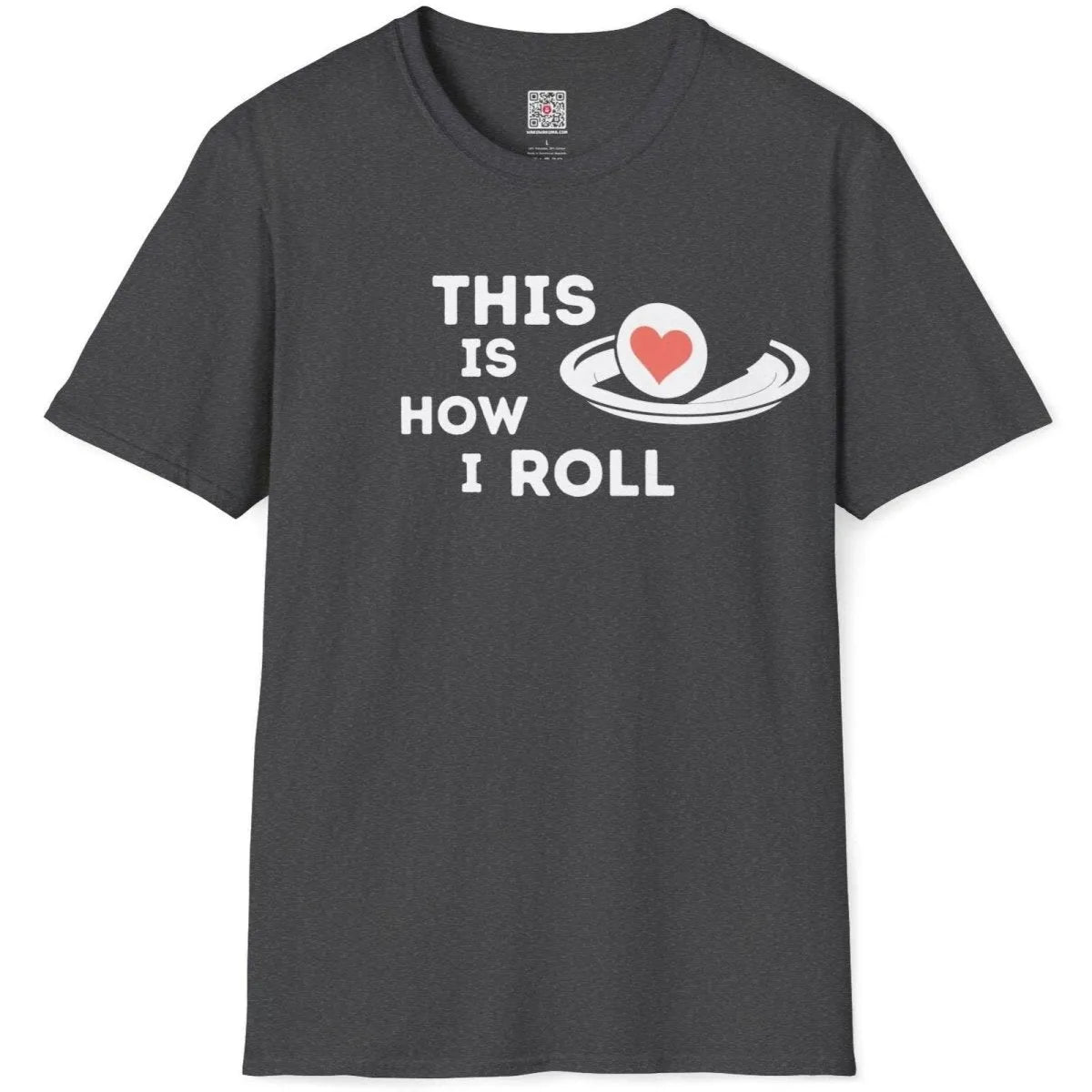 Minimalist sushi pun and heart art on dark heather t-shirt flatlay, sushi shirt, clean aesthetics.