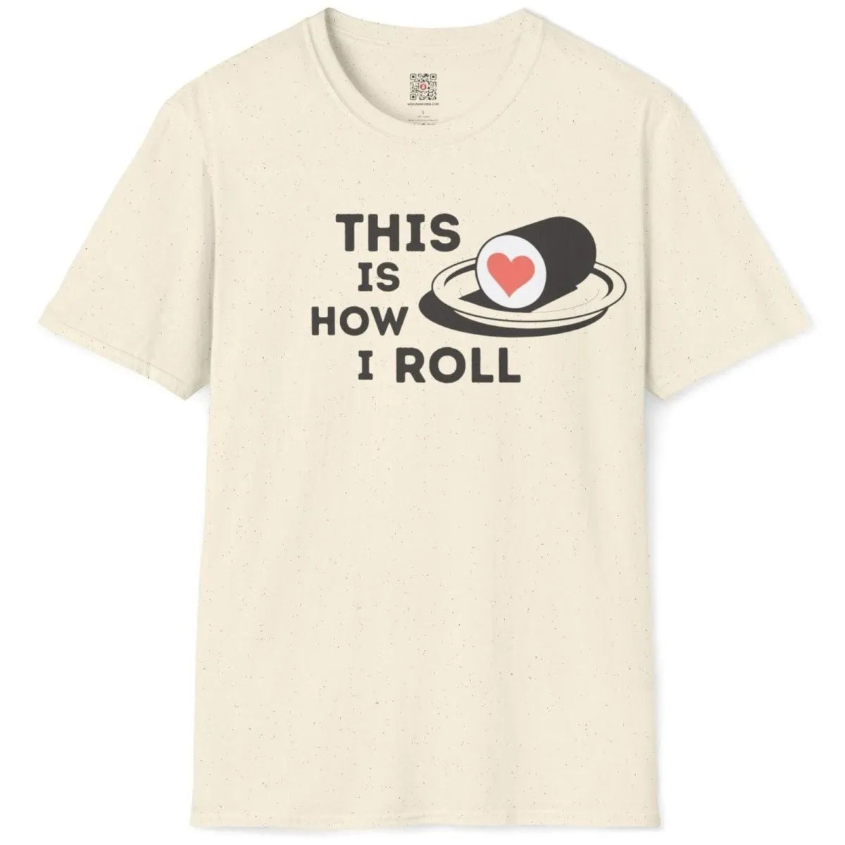 Sushi roll with red heart and bold text on natural t-shirt flatlay, sushi t-shirt, appetite-driven design.