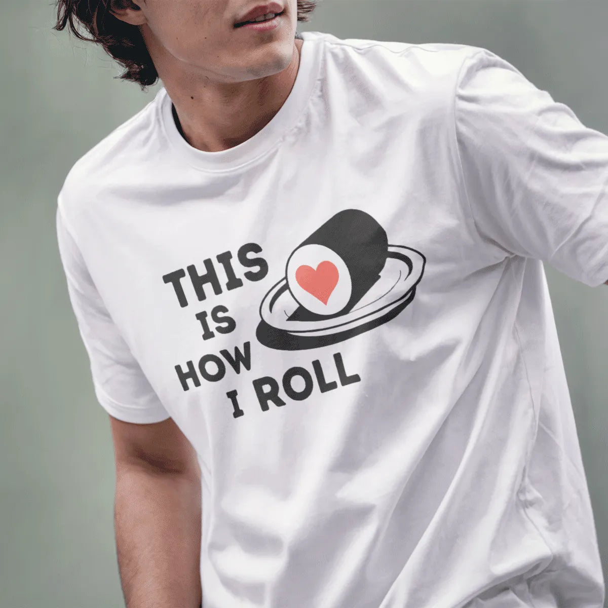 Male model in white shirt with sushi pun and heart, Japanese t-shirts, love symbolism.