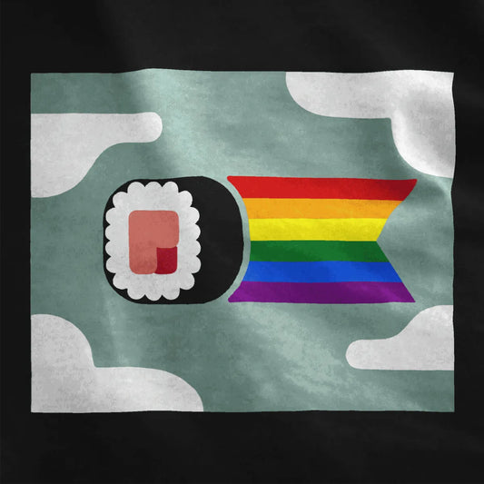 Close-up of sushi roll with rainbow ribbon on black fabric, kawaii sushi, chromatic harmony, playful tradition.