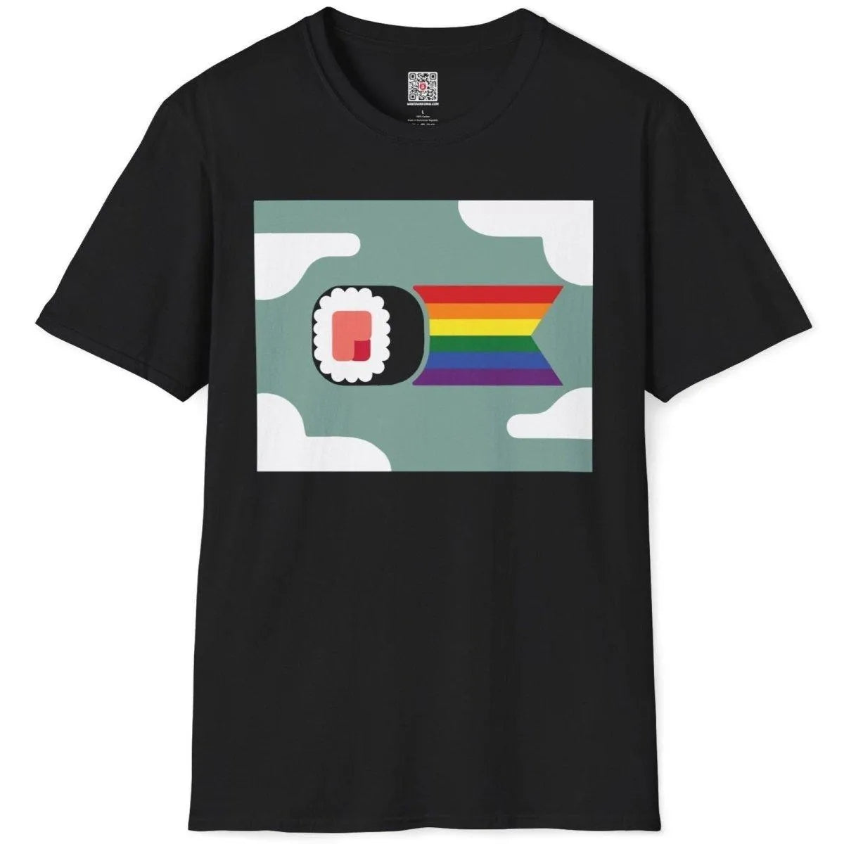 Flatlay of black t-shirt with sushi roll and rainbow ribbon, sushi shirt, symbolic ribbon, whimsical illustration.