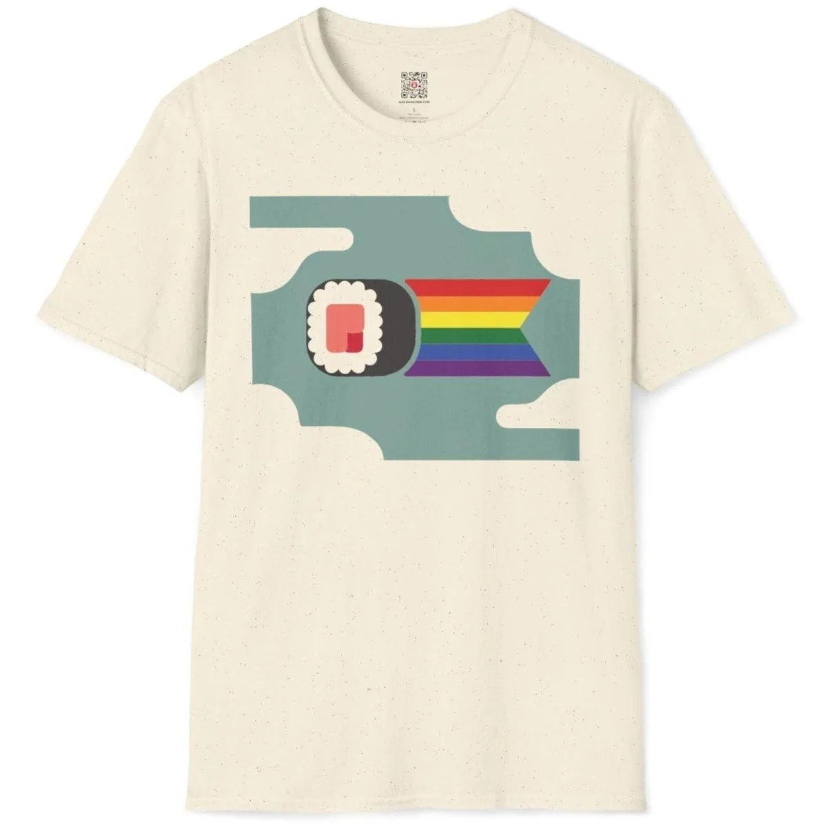 Flatlay of natural t-shirt with sushi roll and rainbow ribbon, sushi t-shirt, soft aesthetics, chromatic harmony.