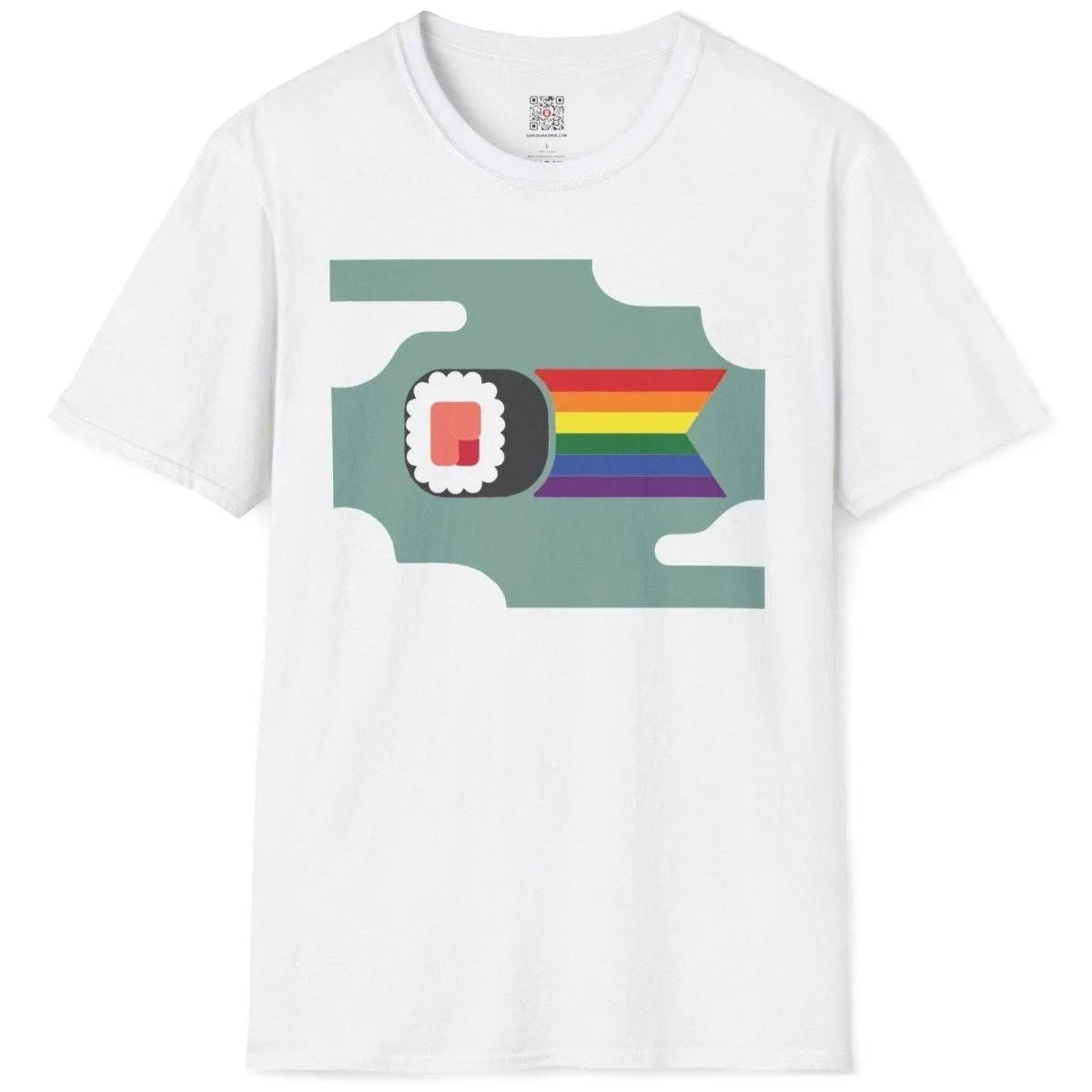 Flatlay of white t-shirt with sushi roll and rainbow ribbon, sushi t-shirt, kawaii sushi, inclusive design.
