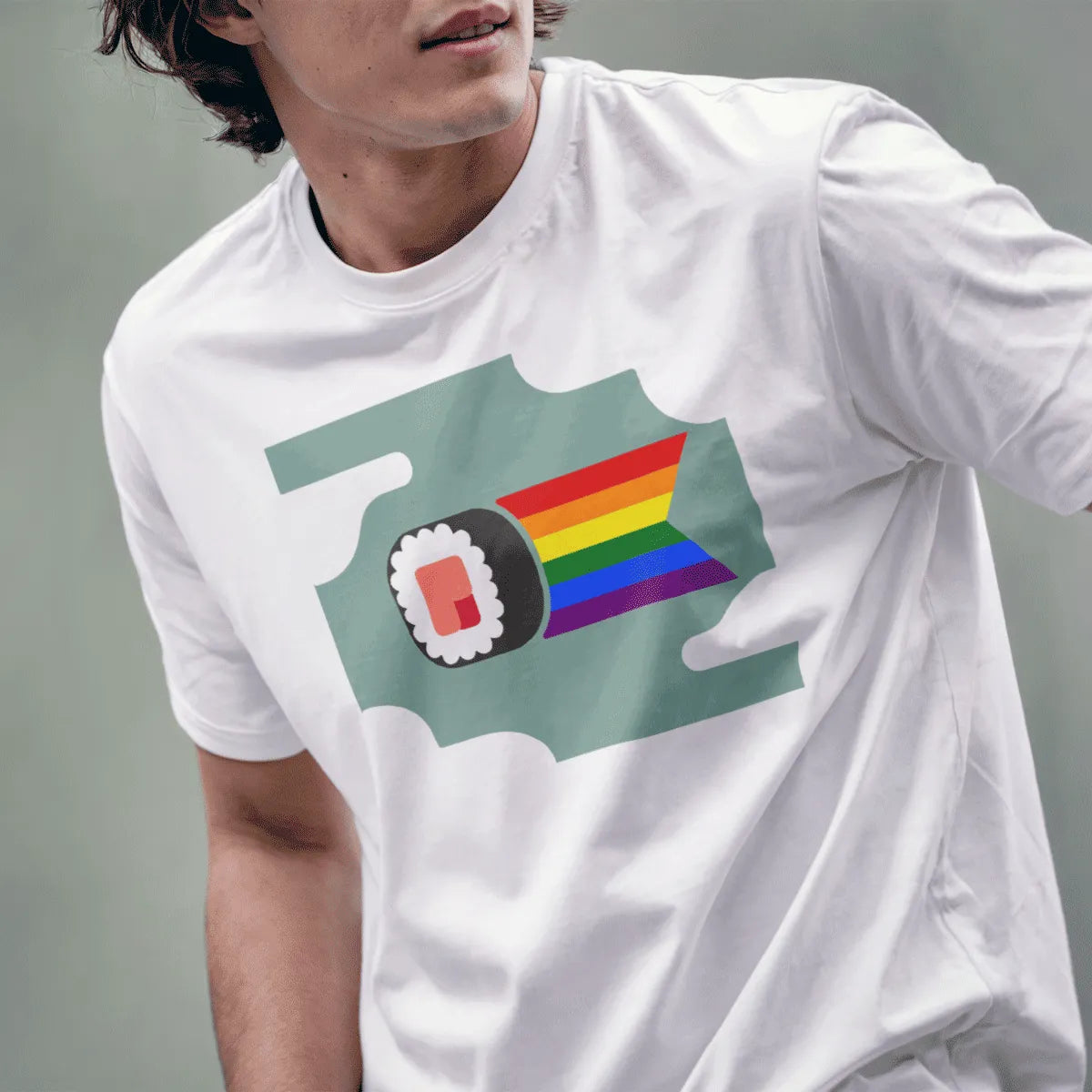 Male model in white t-shirt with sushi roll and rainbow ribbon, japanese t-shirts, inclusive design, cloud background.