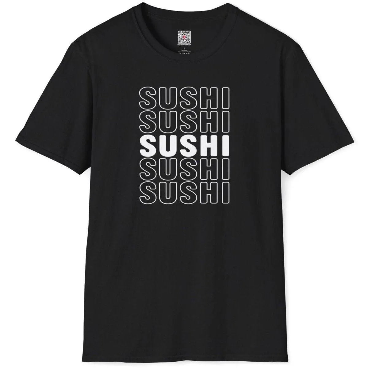 Black t-shirt flatlay with bold SUSHI repetition in white outline, sushi art, typographic contrast, minimalist.