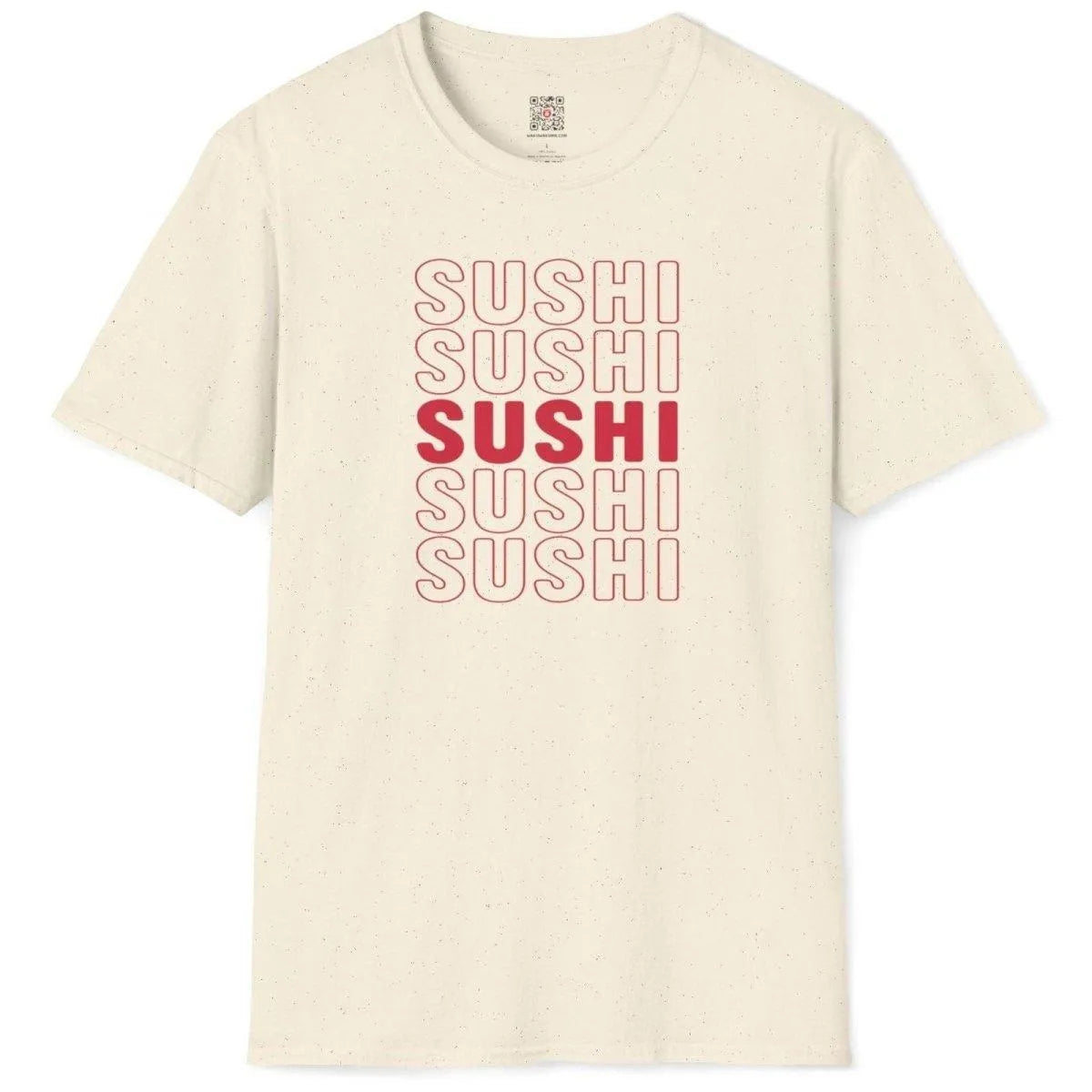 Natural t-shirt flatlay with SUSHI repeated in red outline, sushi shirt, minimalist, clean geometric design.