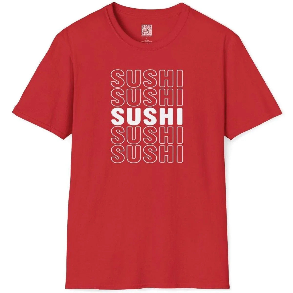 Red t-shirt flatlay with SUSHI repetition in outlined and solid text, sushi art, bold text fonts, appetite appeal.