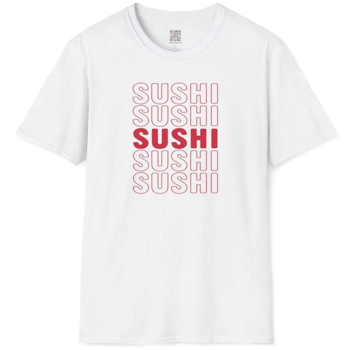White t-shirt flatlay with SUSHI repeated vertically in red, sushi t-shirt, vibrant color palette, modern design.