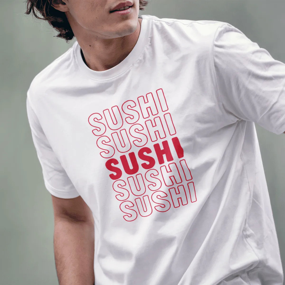 Male model in white t-shirt with bold SUSHI repetition, sushi t-shirt, clean geometric design, appetite appeal.