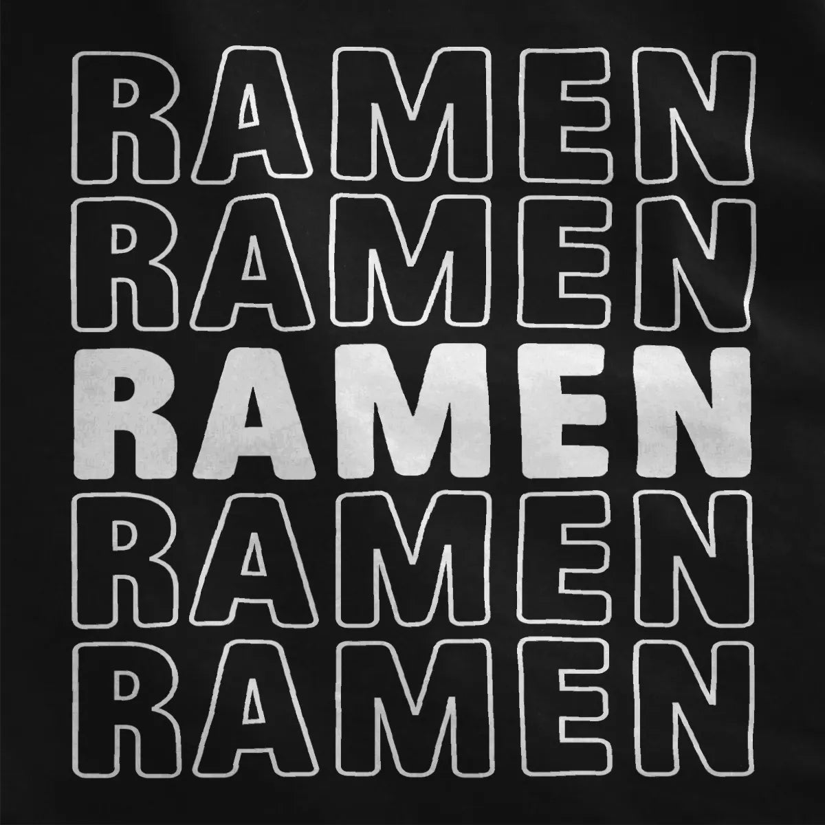 RAMEN word repeated vertically in bold red outline on black fabric, ramen shirt, bold typography, graphic minimalism.