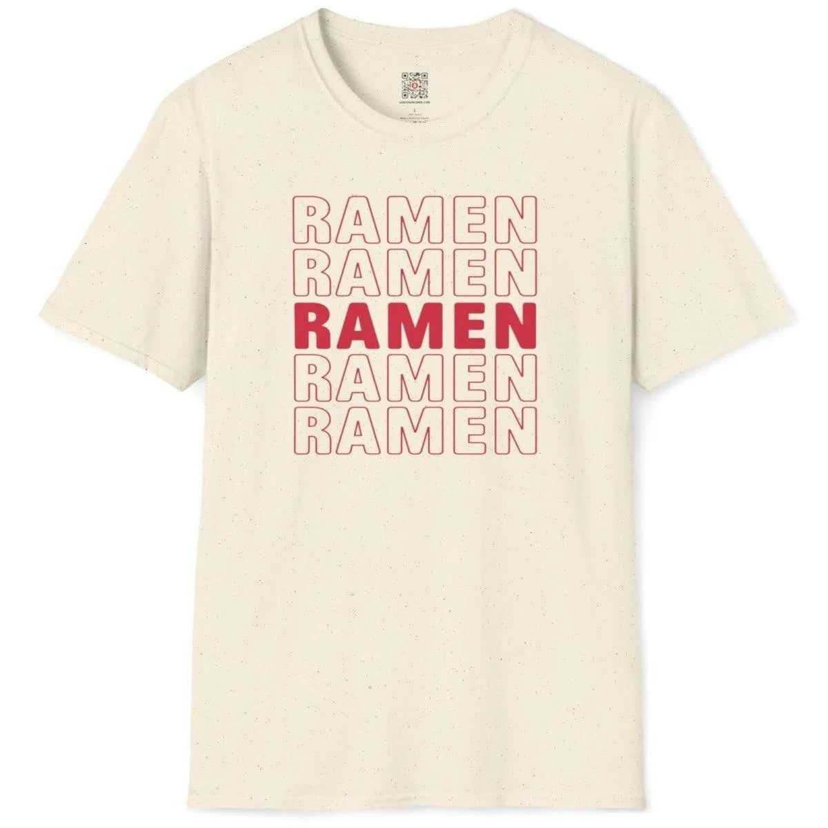 Natural t-shirt flatlay with RAMEN repeated in red, ramen t-shirt, graphic minimalism, culinary obsession.