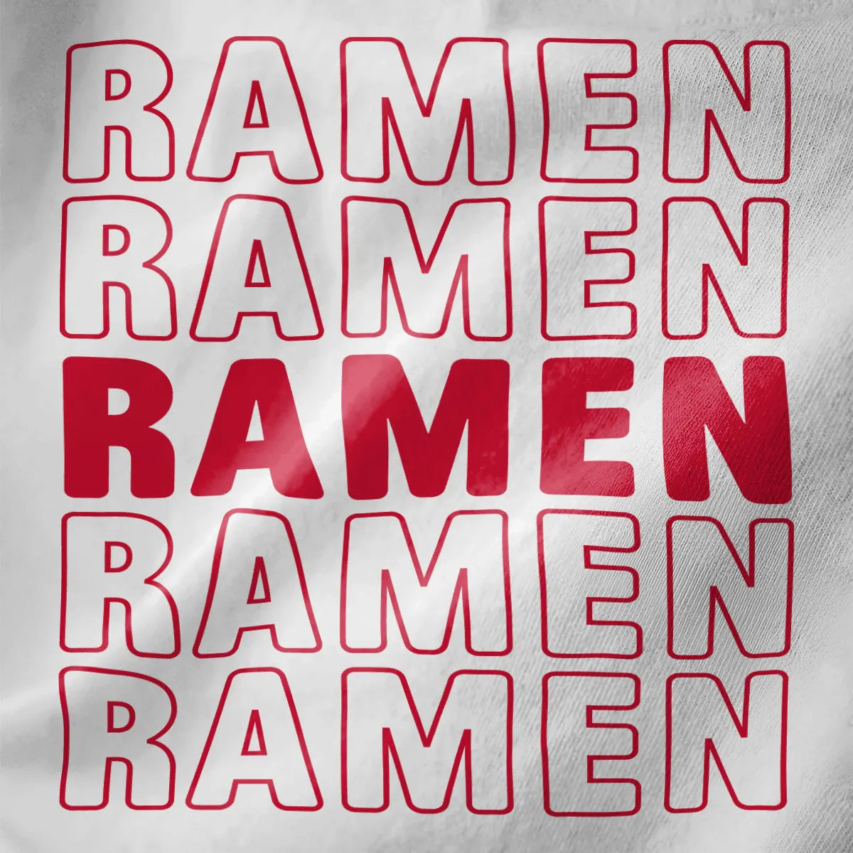 RAMEN word repeated vertically in bold red outline on white fabric, ramen t-shirt, hypnotic repetition, modern chic.