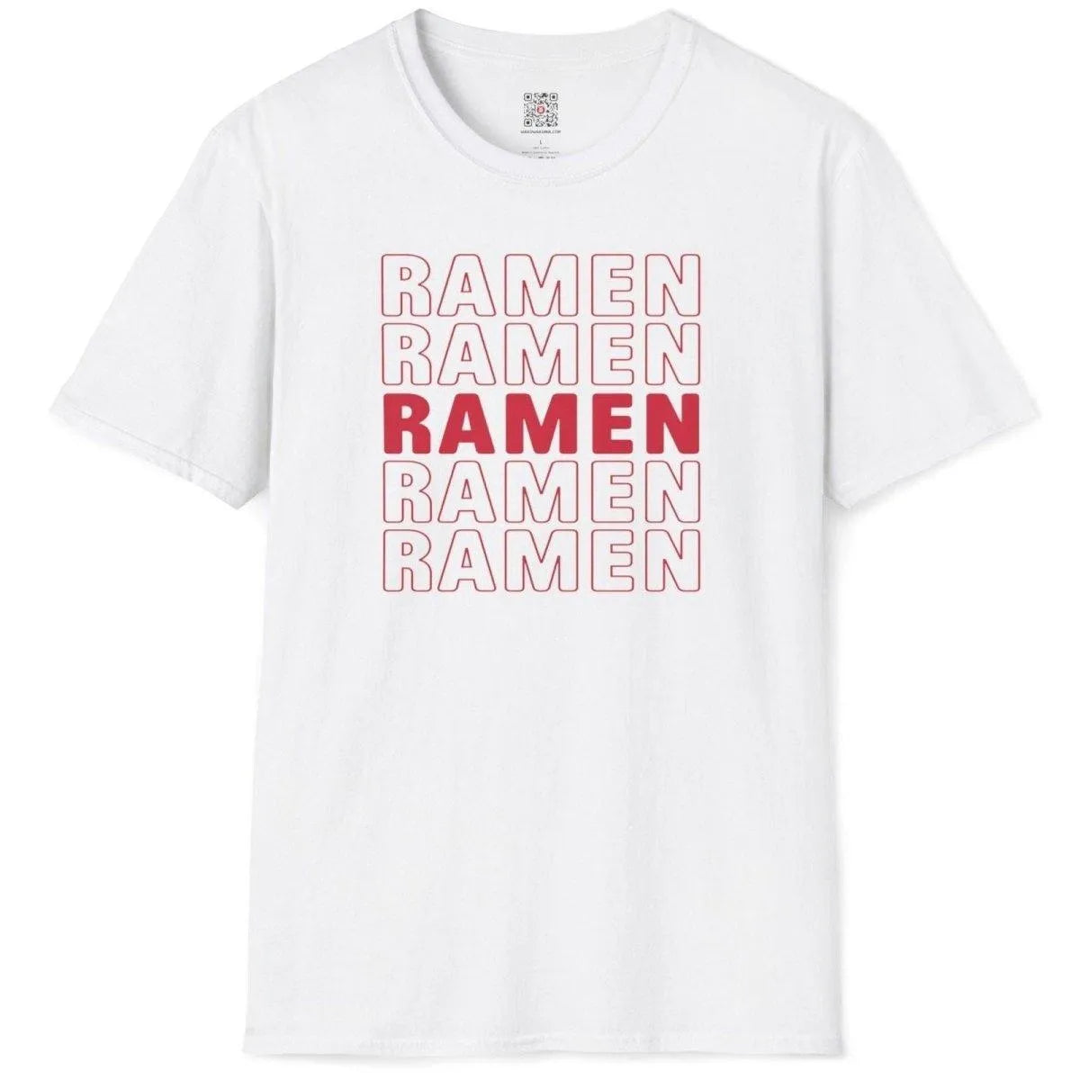 White t-shirt flatlay with bold RAMEN repetition, ramen t-shirt, crisp white background, minimalist.