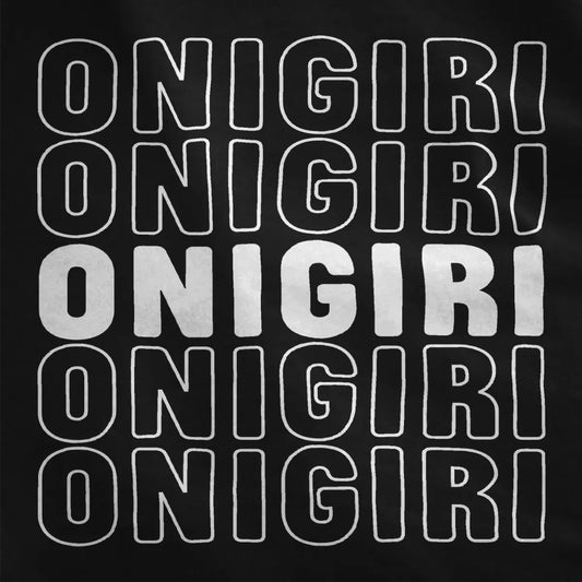 “ONIGIRI” repeated in bold red outline and solid red on black fabric, junk food shirt, geometric lettering.