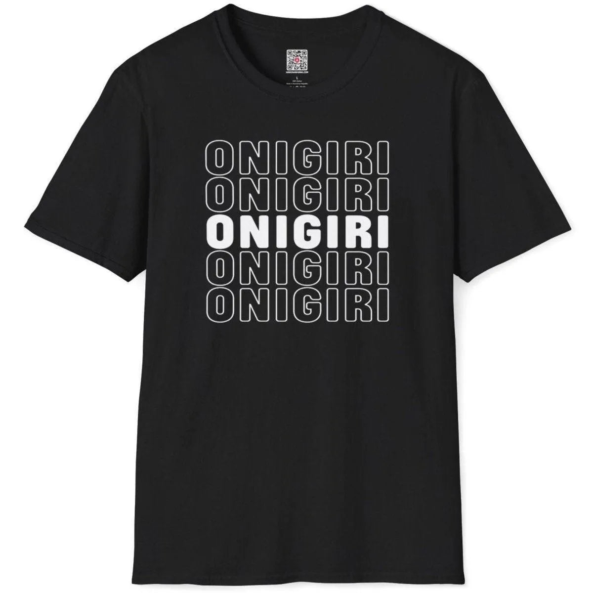 Black t-shirt flatlay with bold “ONIGIRI” text in red outline and solid red, grid pattern, minimalist aesthetic.