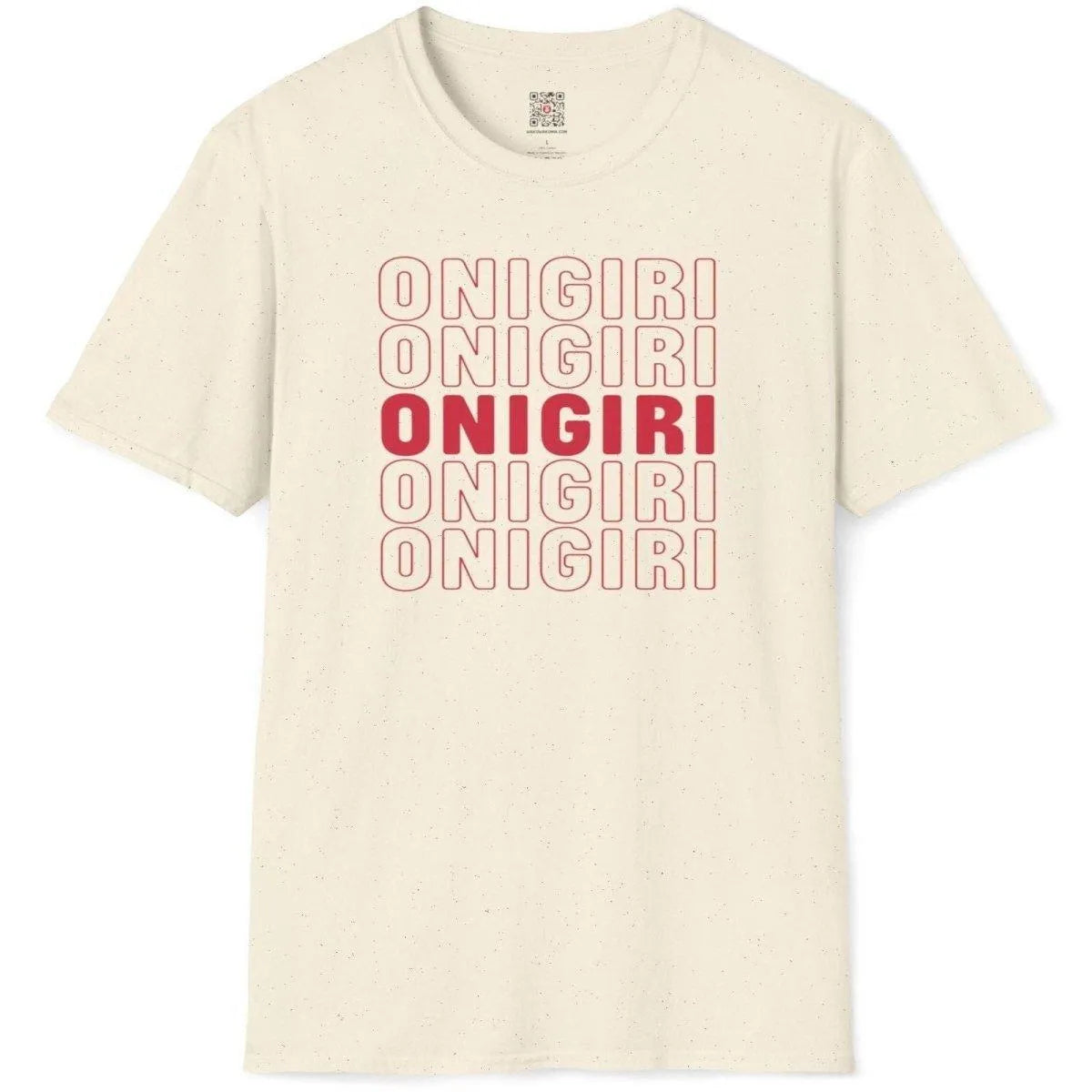 Natural t-shirt flatlay with bold “ONIGIRI” text, whimsical charm, japanese rice snack.