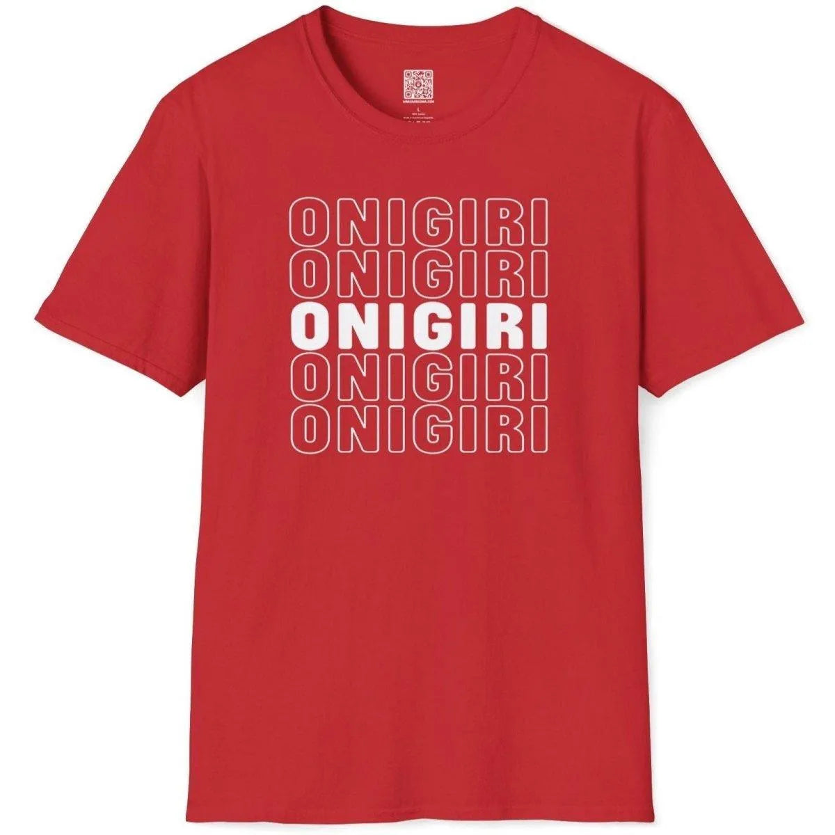 Red t-shirt flatlay with bold “ONIGIRI” text in white outline and solid white, playful typography, japanese t-shirts.