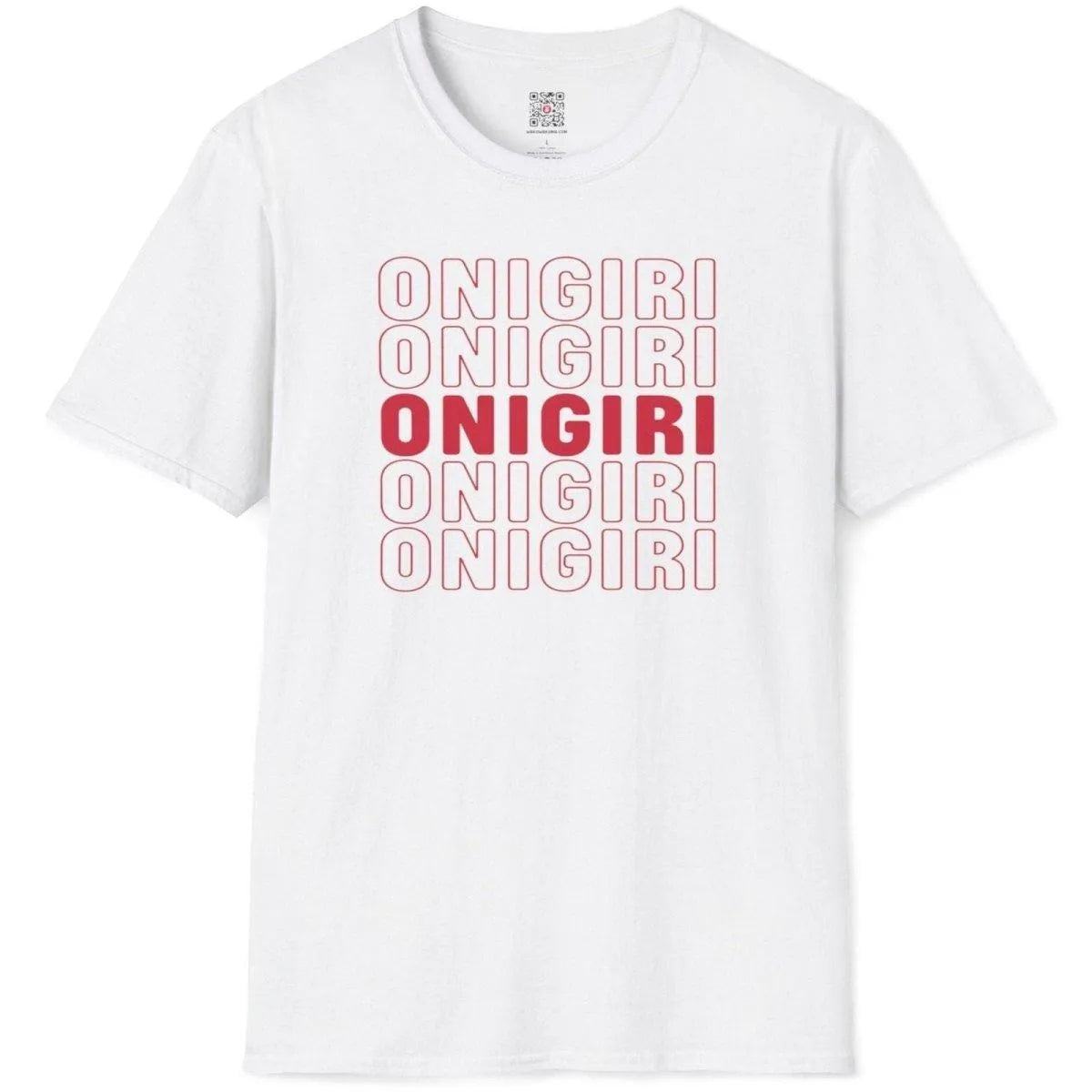 White t-shirt flatlay with bold “ONIGIRI” text in red outline and solid red, cultural celebration, vivid red contrast.