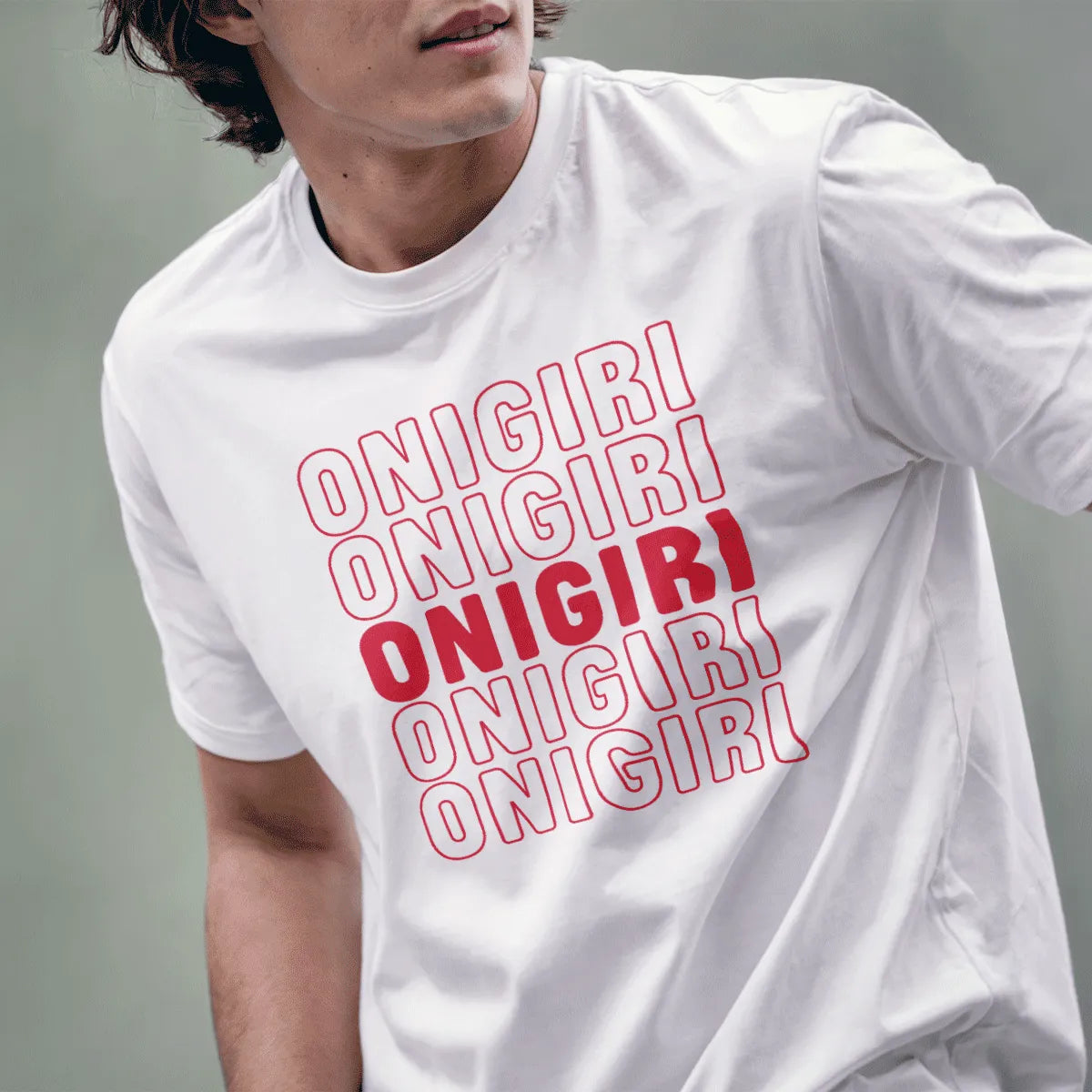 Male model in white t-shirt with bold “ONIGIRI” text, japanese t-shirts, playful typography.