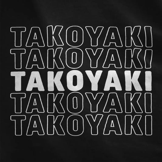 Close-up of black t-shirt with repeating “TAKOYAKI” grid in vibrant red, bold uppercase font, Japanese street food.
