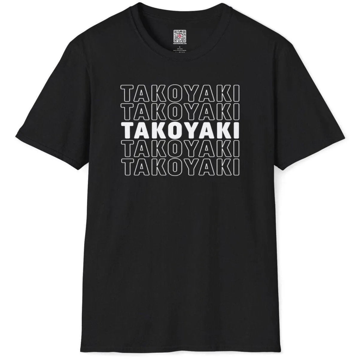 Flatlay of black t-shirt featuring “TAKOYAKI” grid, vibrant red text, savory snack culture.