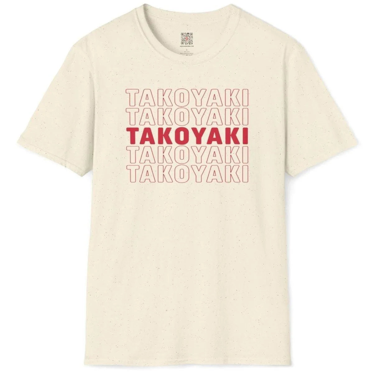 Flatlay of natural t-shirt displaying “TAKOYAKI” grid, bold uppercase font, grid-like repetition.
