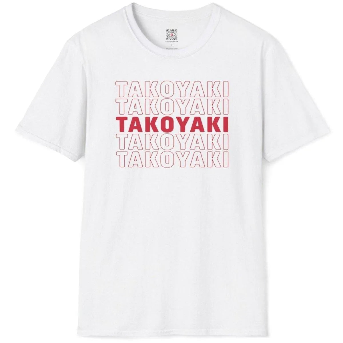 Flatlay of white t-shirt with bold “TAKOYAKI” grid, minimalist color scheme, culinary enthusiasm.