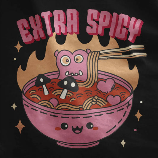 Pink monster with noodles in spicy bowl on black fabric, ramen t shirt, graphic design t shirt.