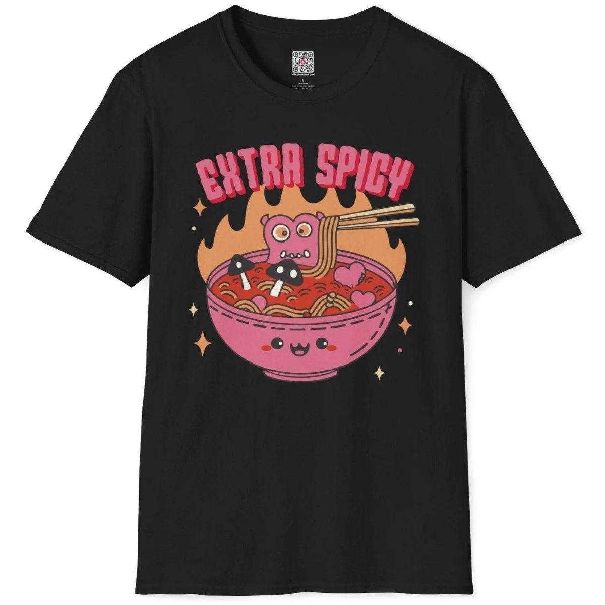 Flat black t-shirt with pink monster and spicy noodle bowl, ramen t-shirt, bold text fonts.