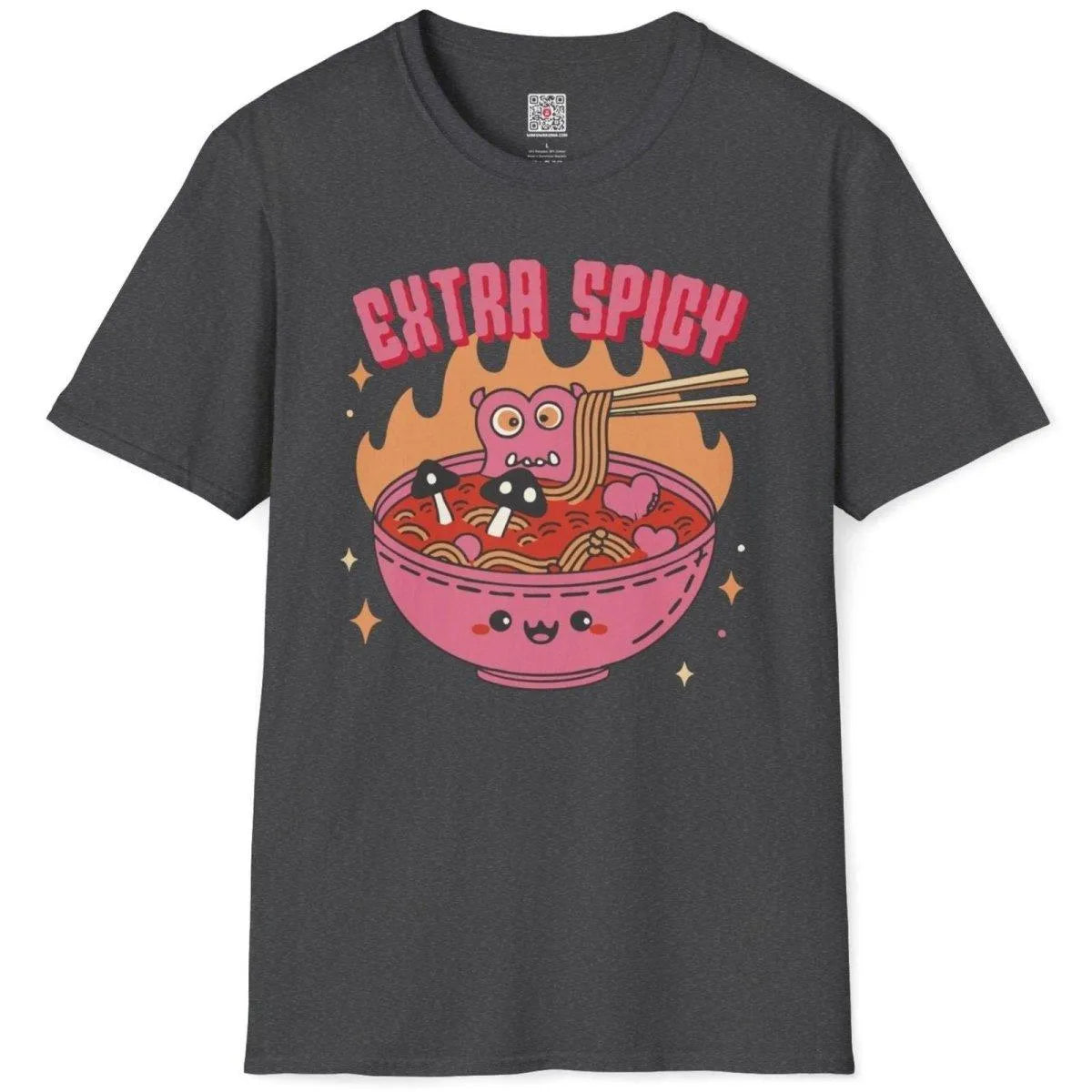 Dark heather shirt with pink monster and spicy noodle bowl, anime t shirts, cool design for shirts.