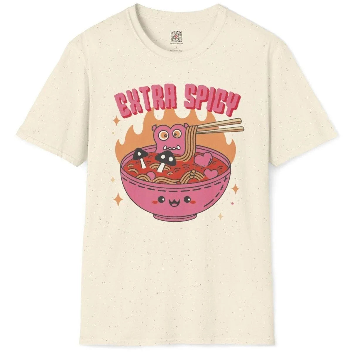 Natural shirt with pink monster, spicy noodle bowl, and flames, ramen t-shirt, monster shirt.