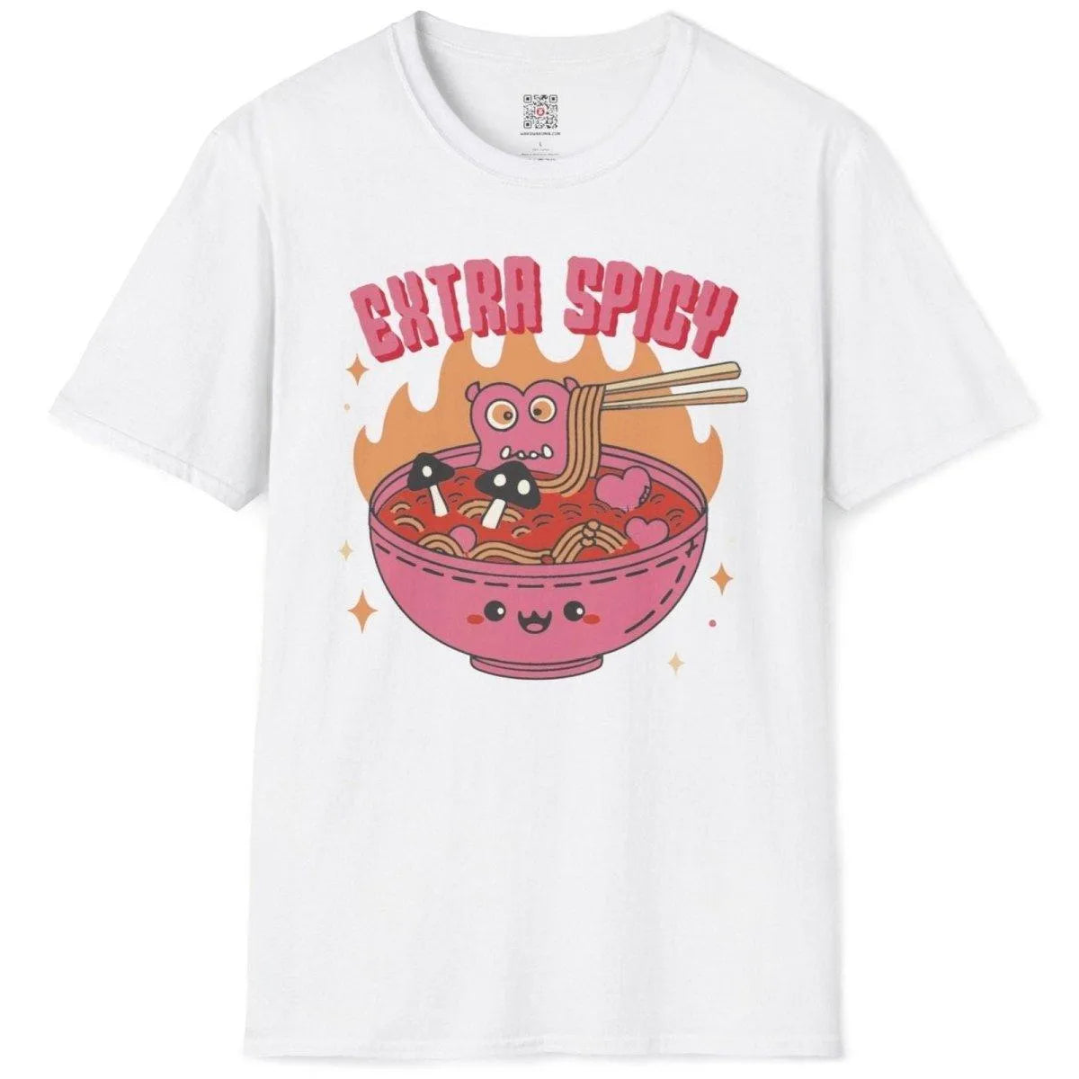 Flat white t-shirt with pink monster, spicy noodle bowl, and flames, ramen t-shirt, funny shirts with sayings.