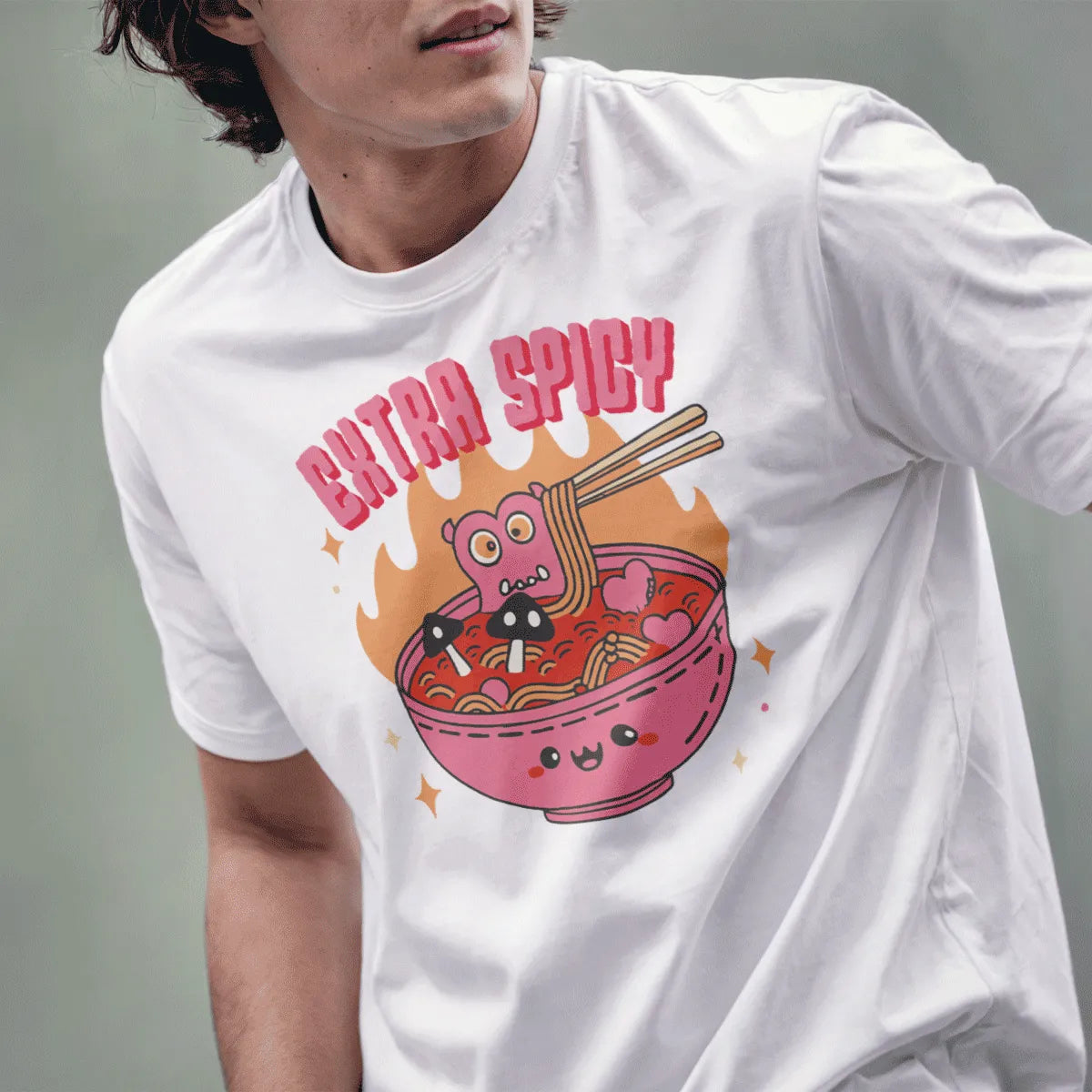 Male model in white shirt with pink monster and spicy noodle bowl, japanese t-shirts, ramen shirt.