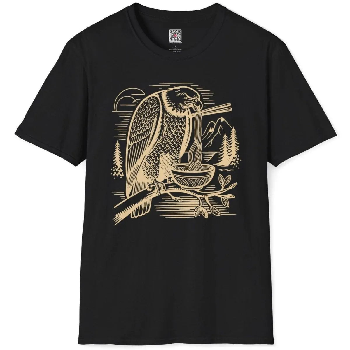 Eagle eating ramen with chopsticks on black t-shirt flatlay, mountain landscape, ramen shirt.