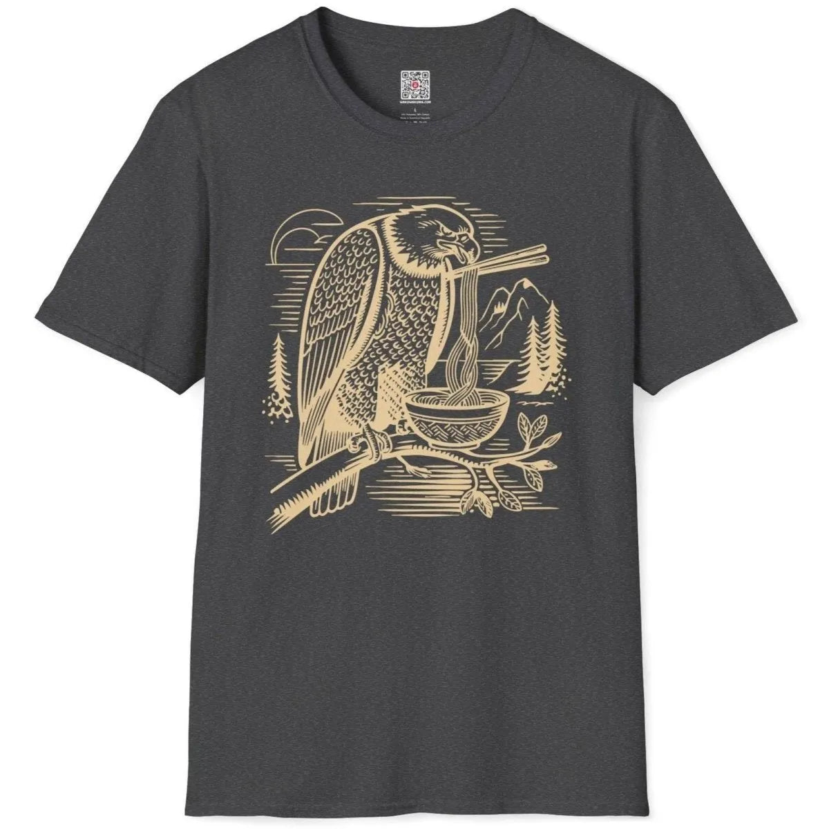 Eagle eating ramen with chopsticks on dark heather t-shirt flatlay, mountain landscape, nature blend.