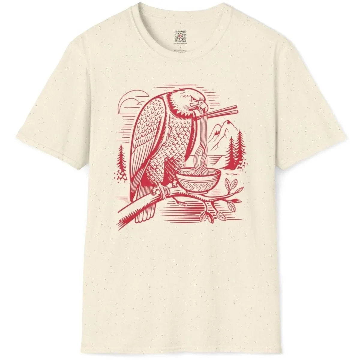 Eagle eating ramen with chopsticks on natural t-shirt flatlay, mountain landscape, vintage landscape art.