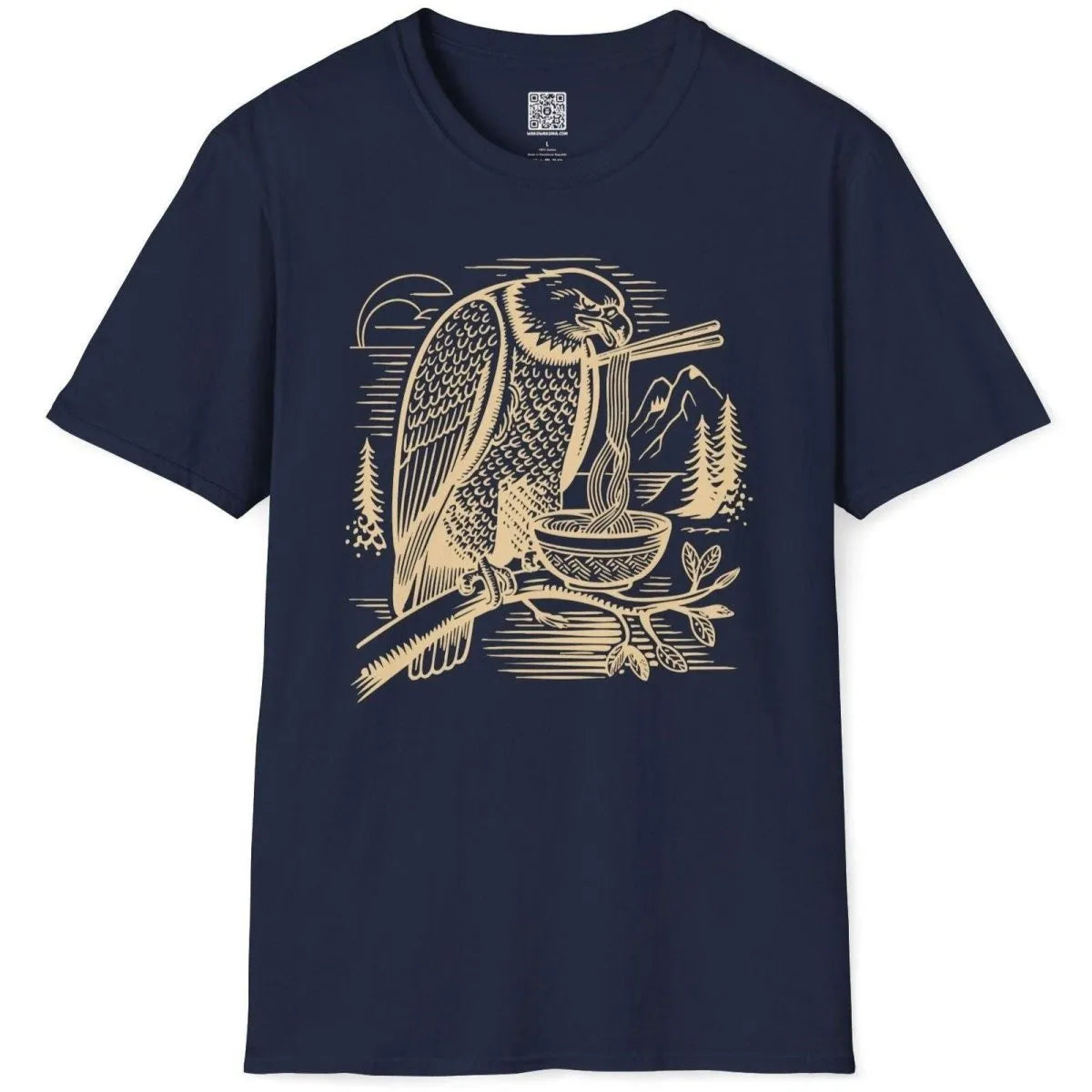 Eagle eating ramen with chopsticks on navy t-shirt flatlay, mountain landscape, scenery shirt.