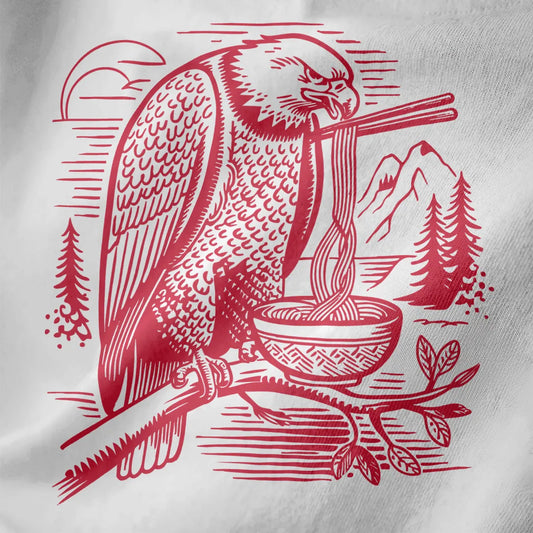Majestic eagle eating ramen with chopsticks on white fabric, mountain landscape and bold graphic design t shirt.
