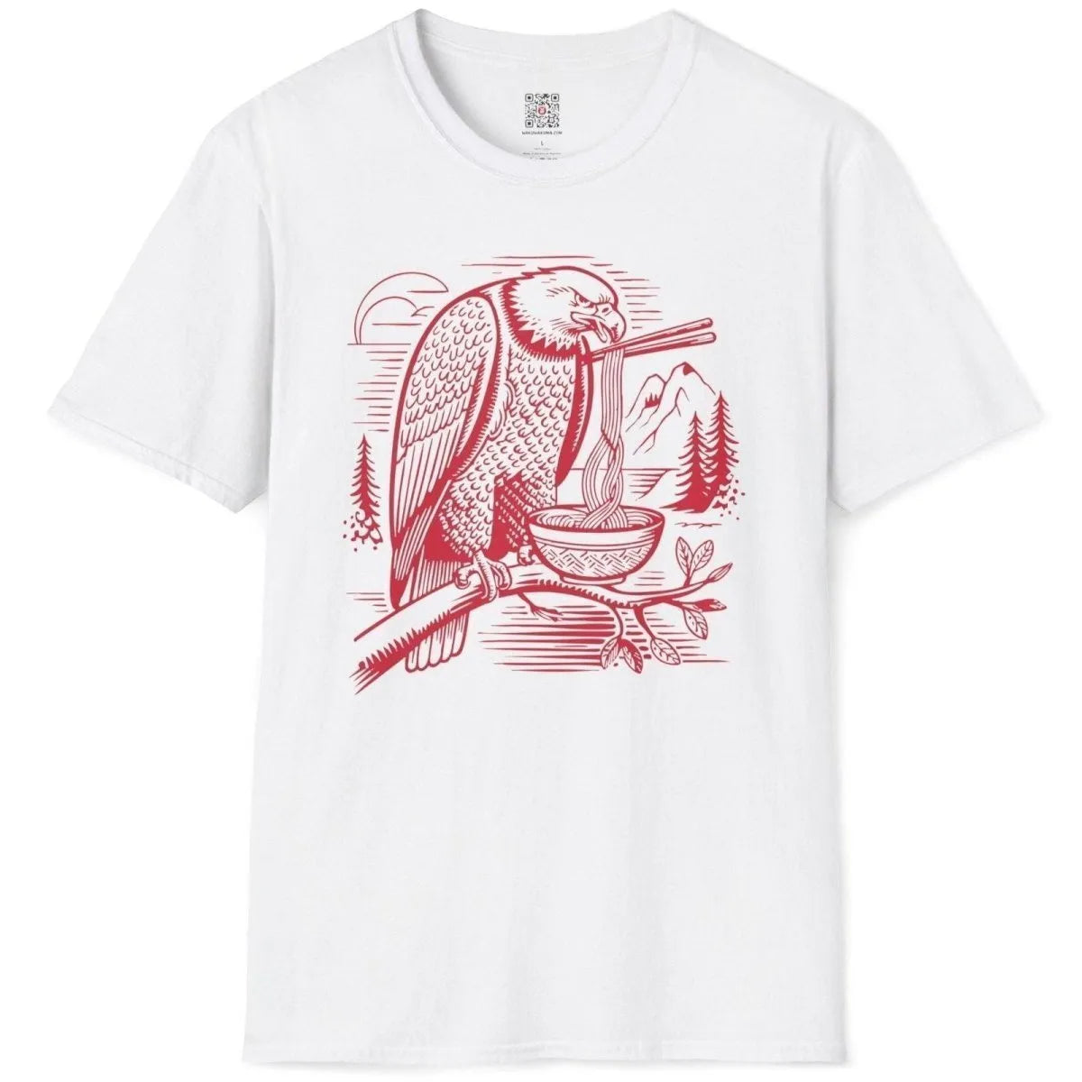 Eagle eating ramen with chopsticks on white t-shirt flatlay, mountain landscape, ramen t shirt.